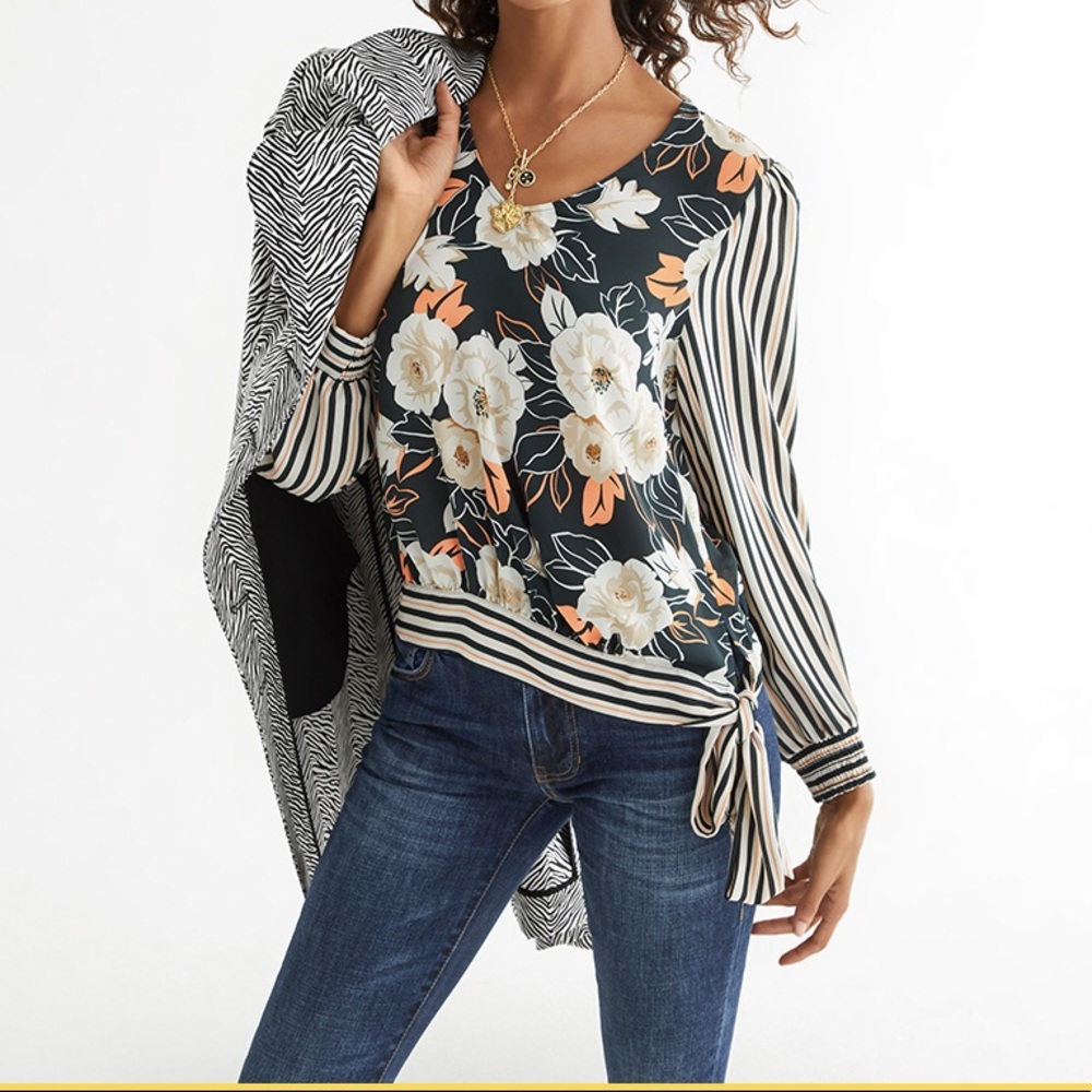 Cabi Enchant Blouse Black Floral Striped Sleeves L